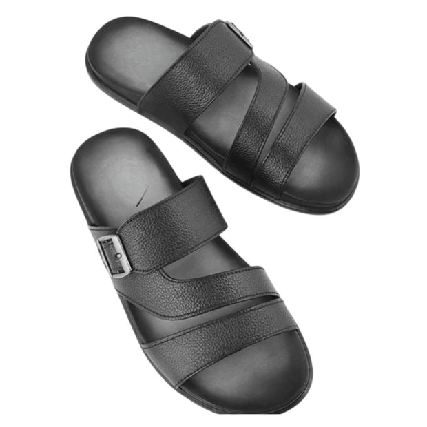 Coriol Mens Black Leather Buckle Slippers Stylish and Comfortable